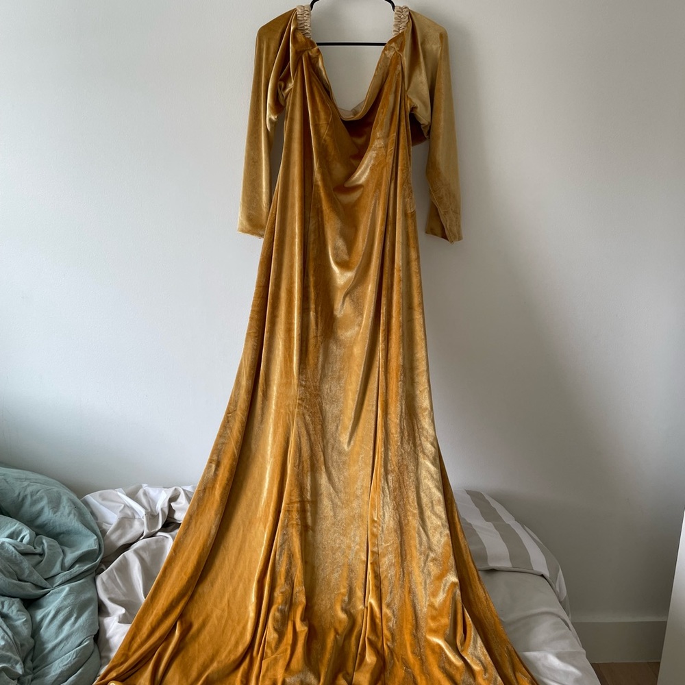 NWT Formal Dress oyisha special occasion maxi velvet mustard dress off shoulder - Picture 5 of 16